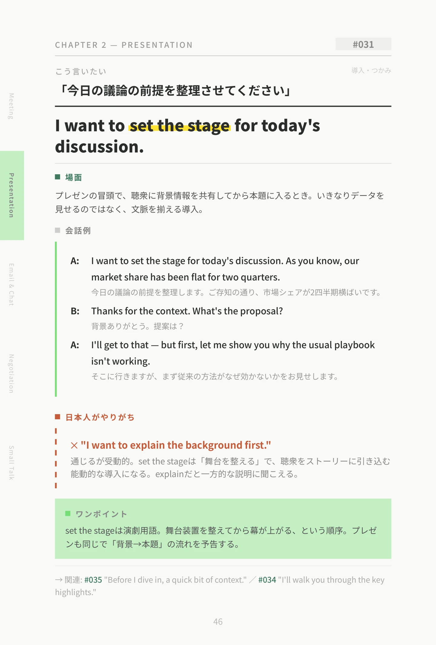プレゼンパートのサンプルページ：#031 I want to set the stage for today's discussion.