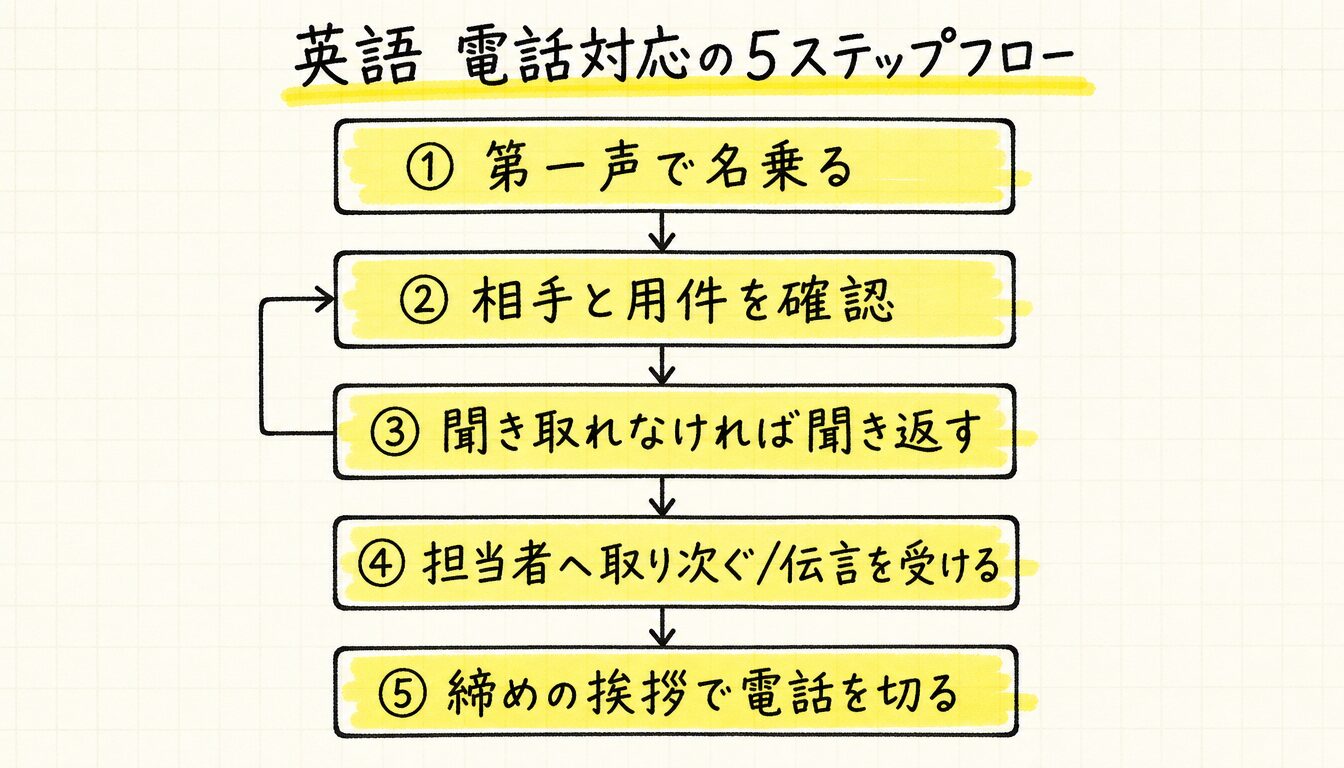 英語 電話対応の流れを示す5ステップフローチャート