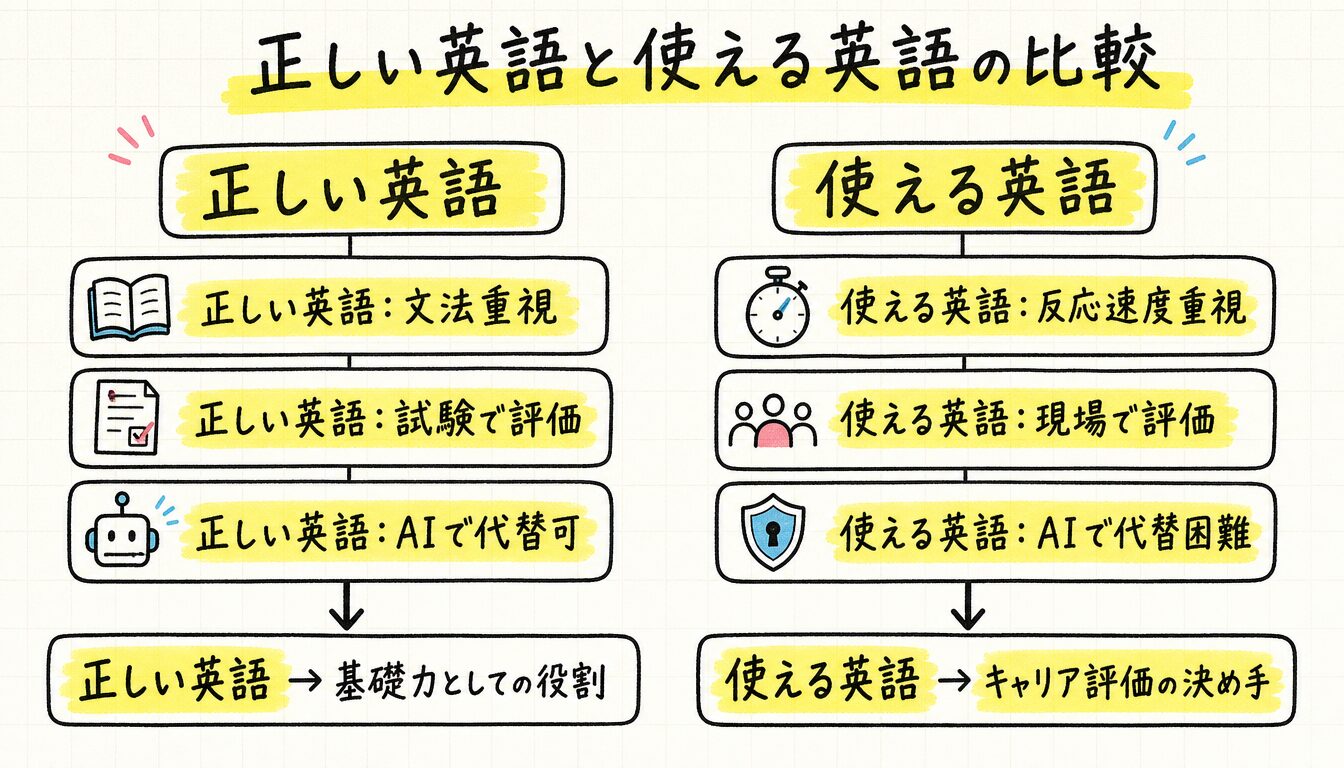 正しい英語と使える英語の違いを比較した図解