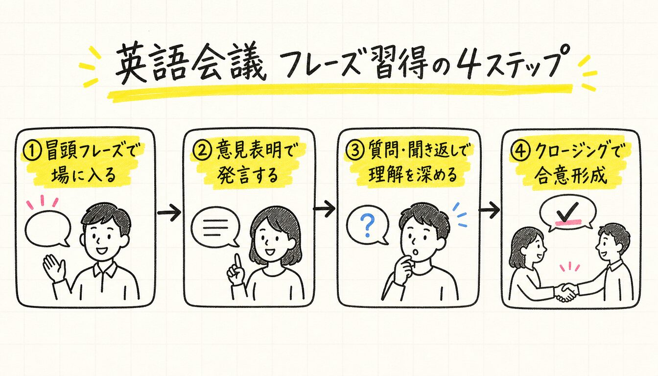 英語会議 フレーズを場面別にマスターする4ステッププロセス図