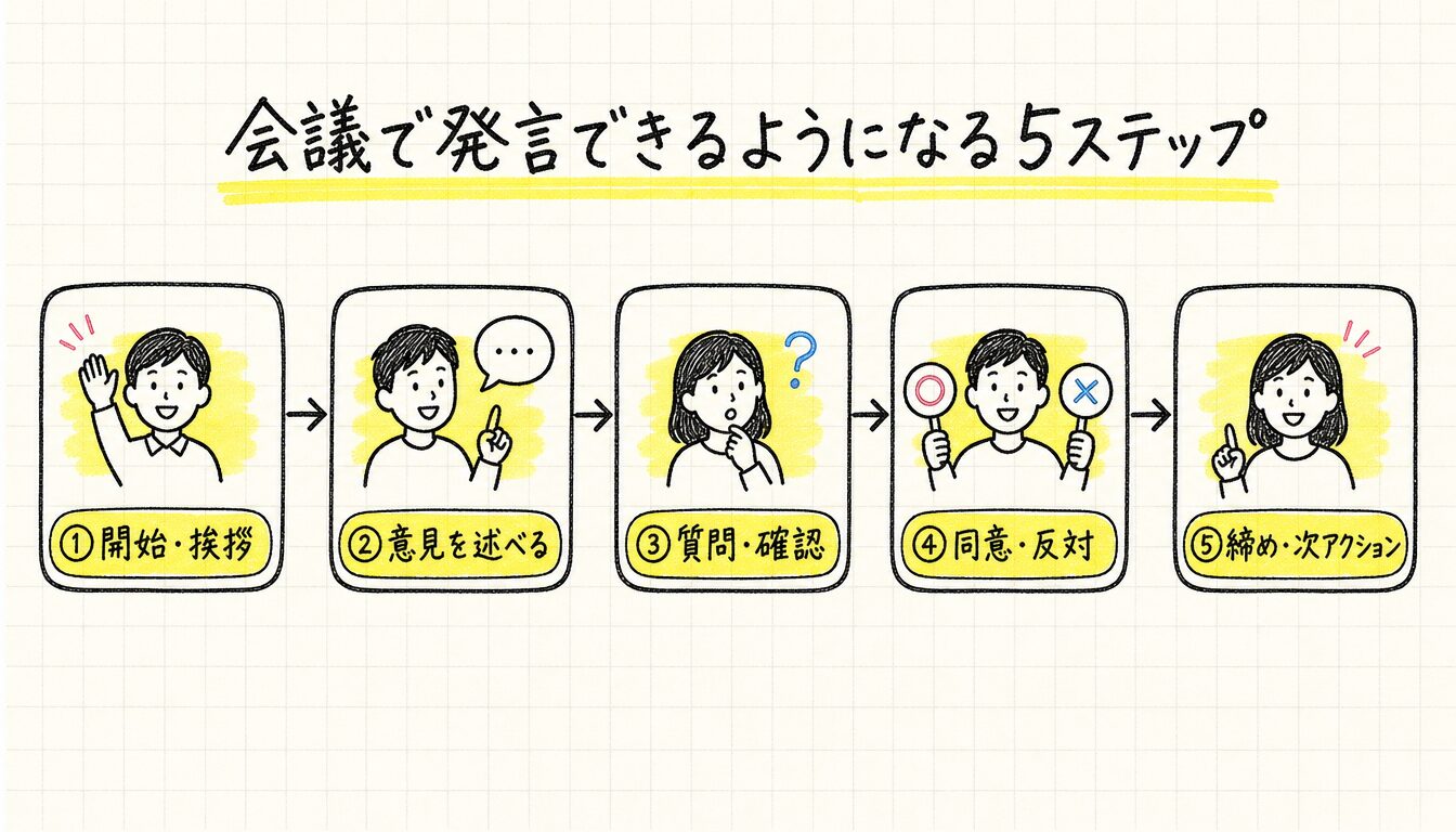 ビジネス英語フレーズを会議の流れに沿って使う5ステップのプロセス図
