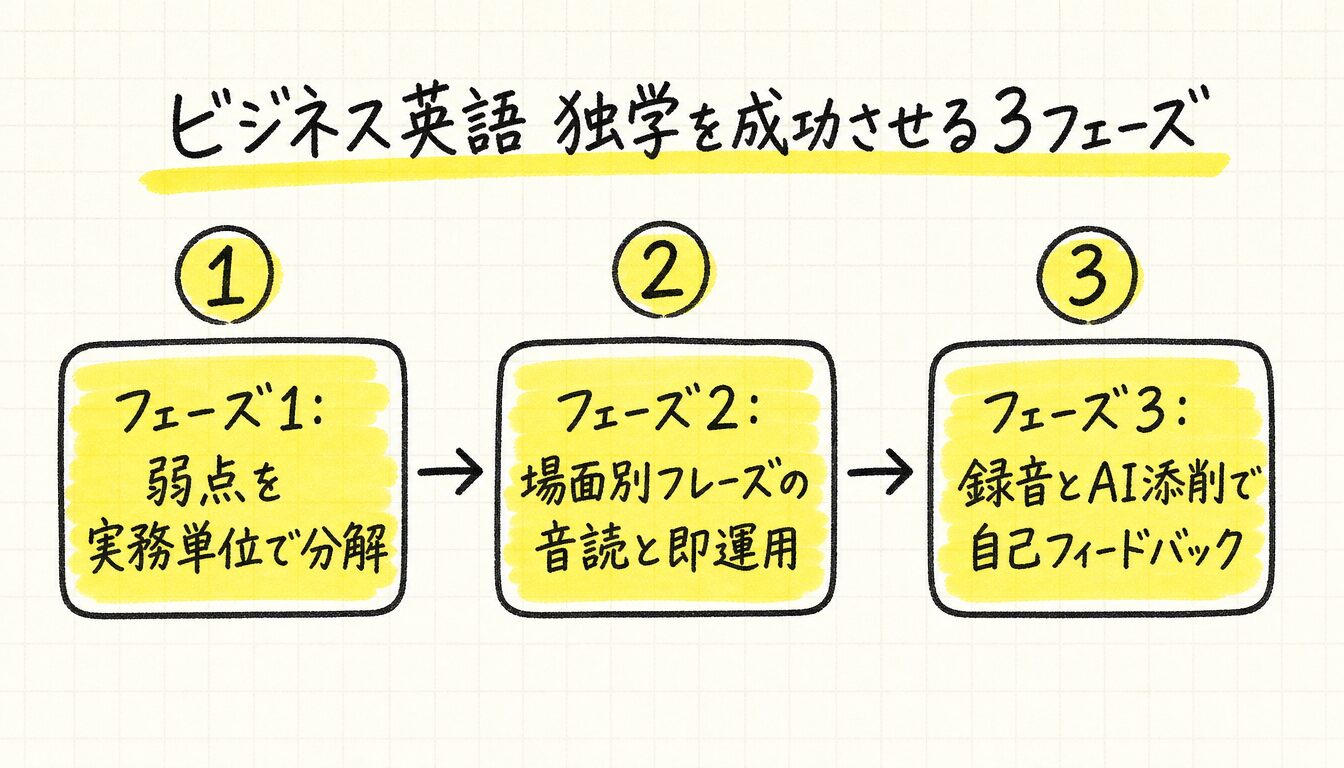 ビジネス英語 独学を成功させる3つのフェーズを示すプロセス図
