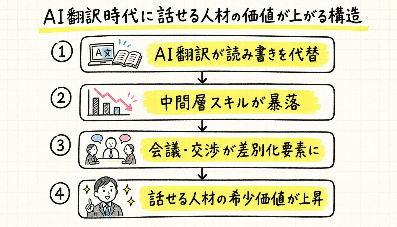 AI翻訳 英語の進化が話せる人材の価値を高める構造を示すプロセス図