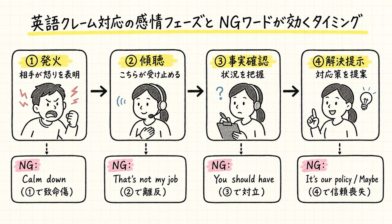 英語 クレーム対応の4フェーズと各段階で炎上を招くNG表現の関係図