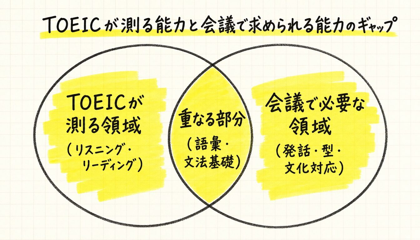 TOEIC 話せない原因を示すテスト能力と会議能力のベン図