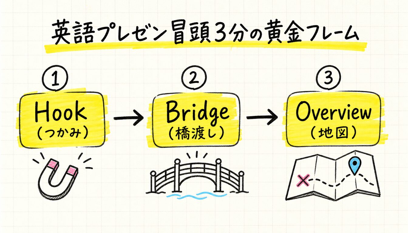 英語プレゼン 冒頭の黄金フレームHook Bridge Overviewを示すプロセス図