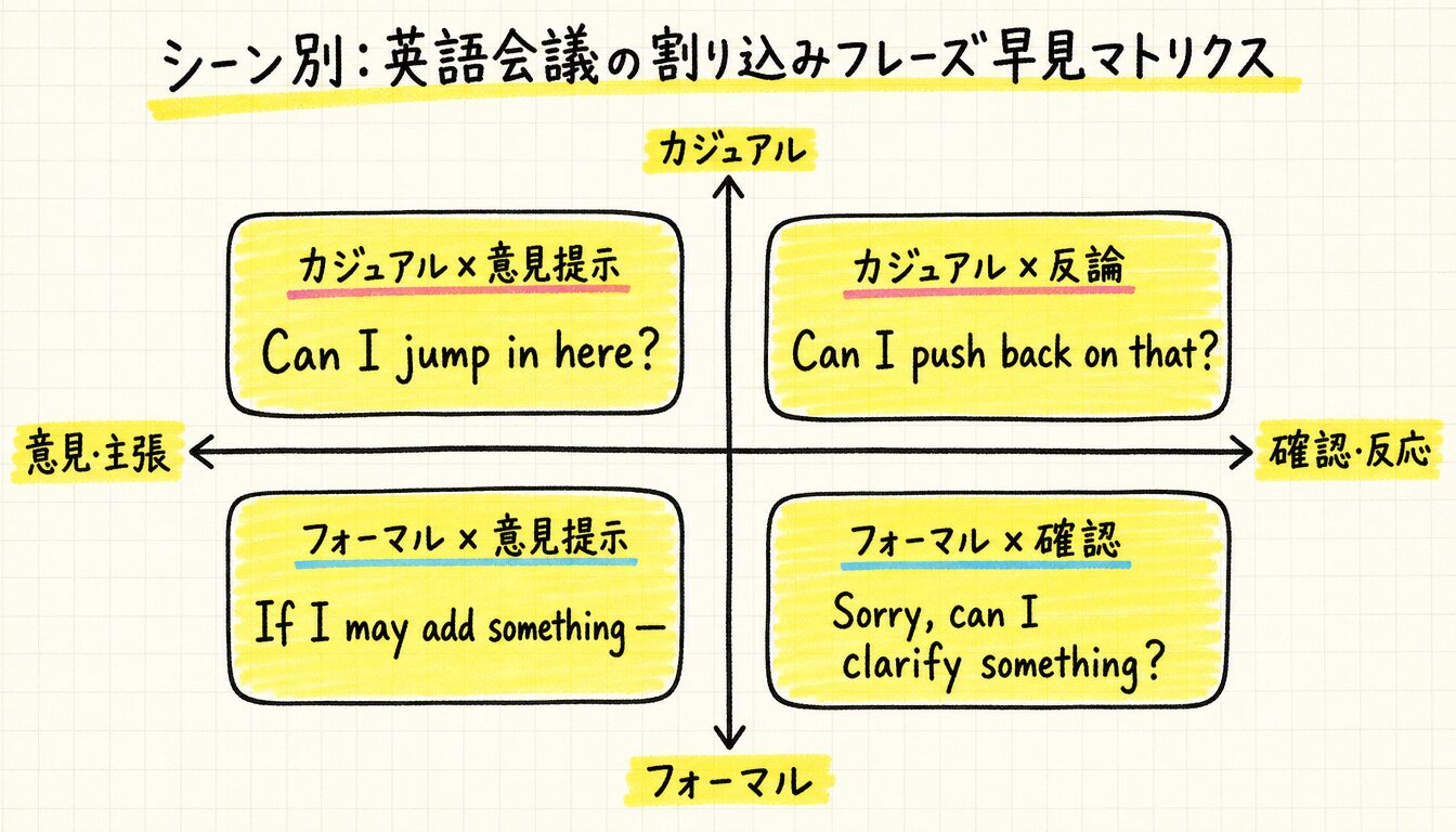 英語会議 割り込みフレーズを丁寧度と意図で分類した4象限マトリクス図