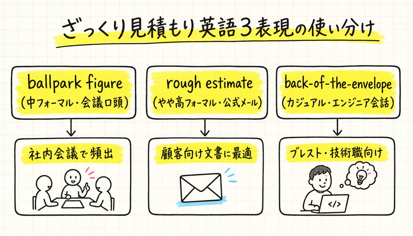 鉛筆なめなめ 英語 ざっくり見積もり 英語 ビジネス英語 概算の3表現を比較した図