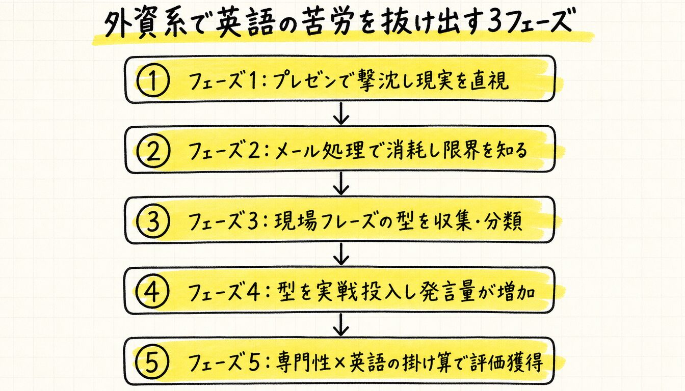 外資系 英語 苦労を乗り越える5つのプロセスを示したフローチャート
