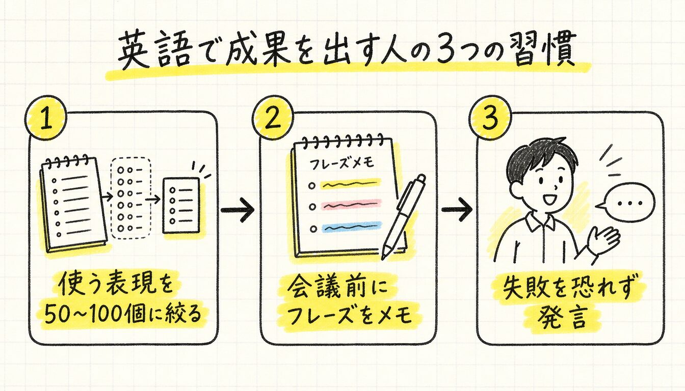 英語で成果を出す人が実践する3つの習慣プロセス図