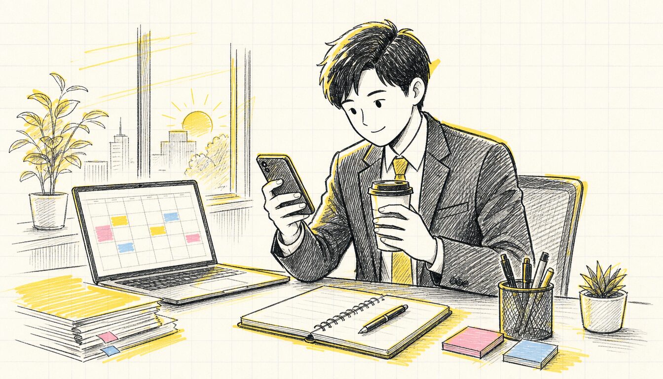 会議前にスマホで英語フレーズを確認し成果を出す準備をする様子
