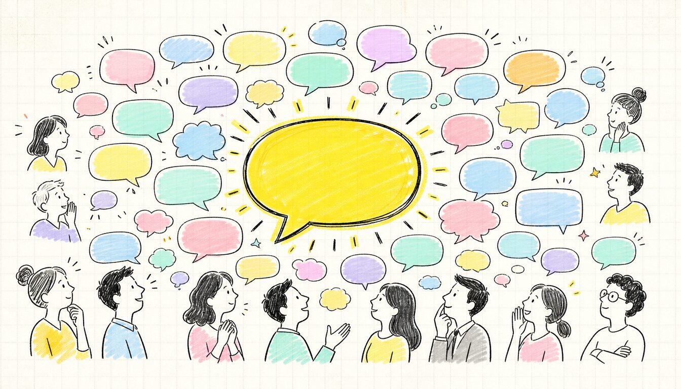 AI翻訳 英語の普及下で発言する人材の希少性を表す吹き出しの集合