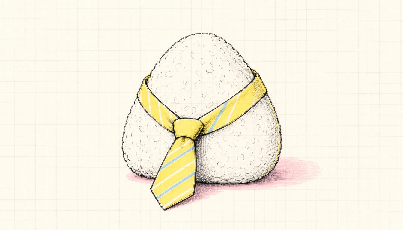 握る ビジネス用語を象徴するネクタイを巻いたおにぎりのミニマルイラスト