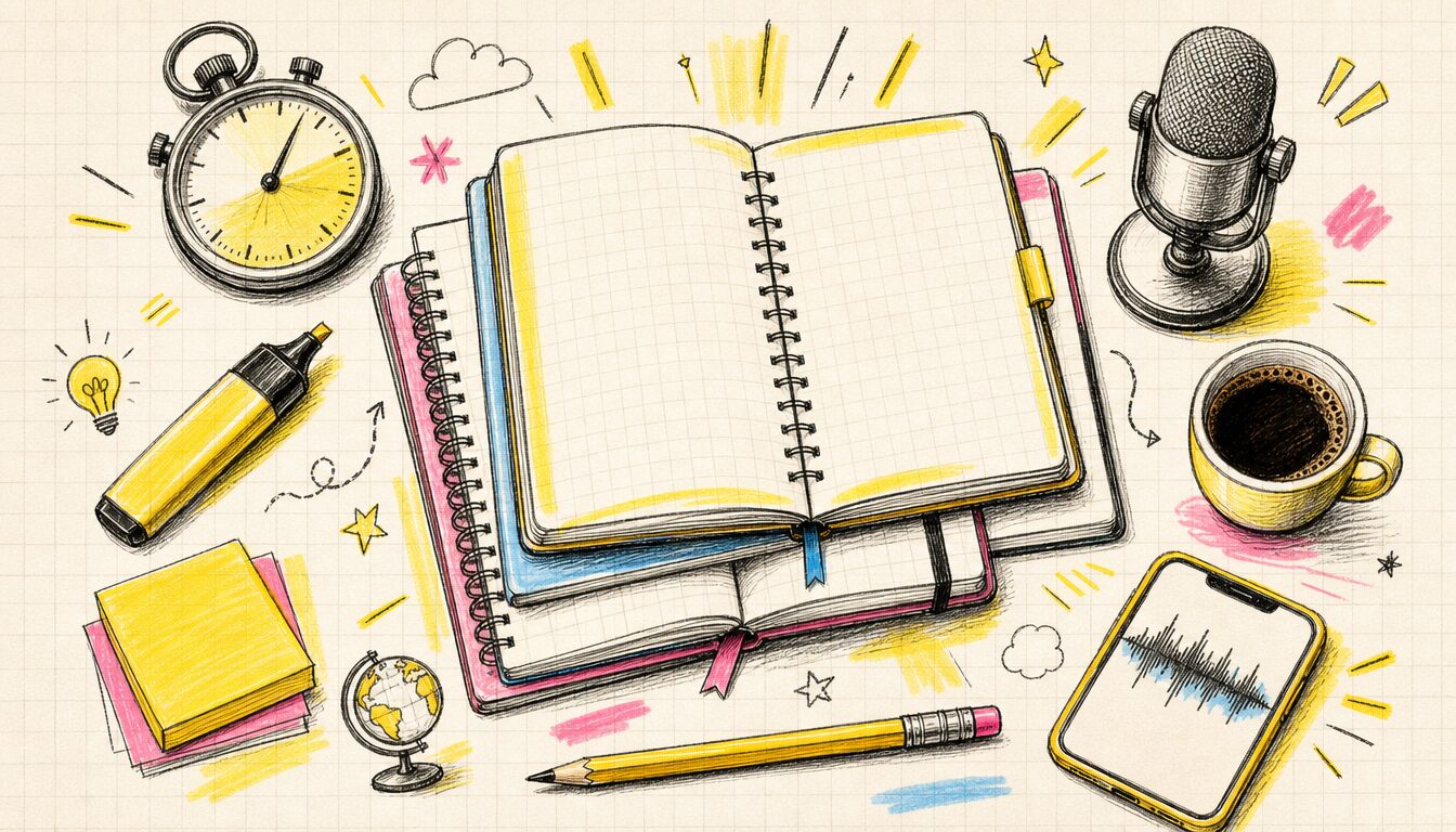 ビジネス英語 独学の3つのフェーズを象徴する学習道具のフラットレイ