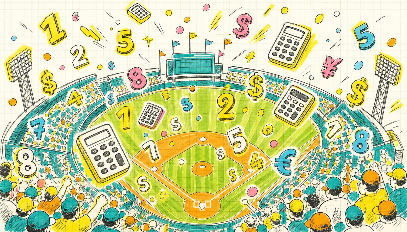 ざっくり見積もり 英語のballpark figureを表現した野球場と数字のイラスト