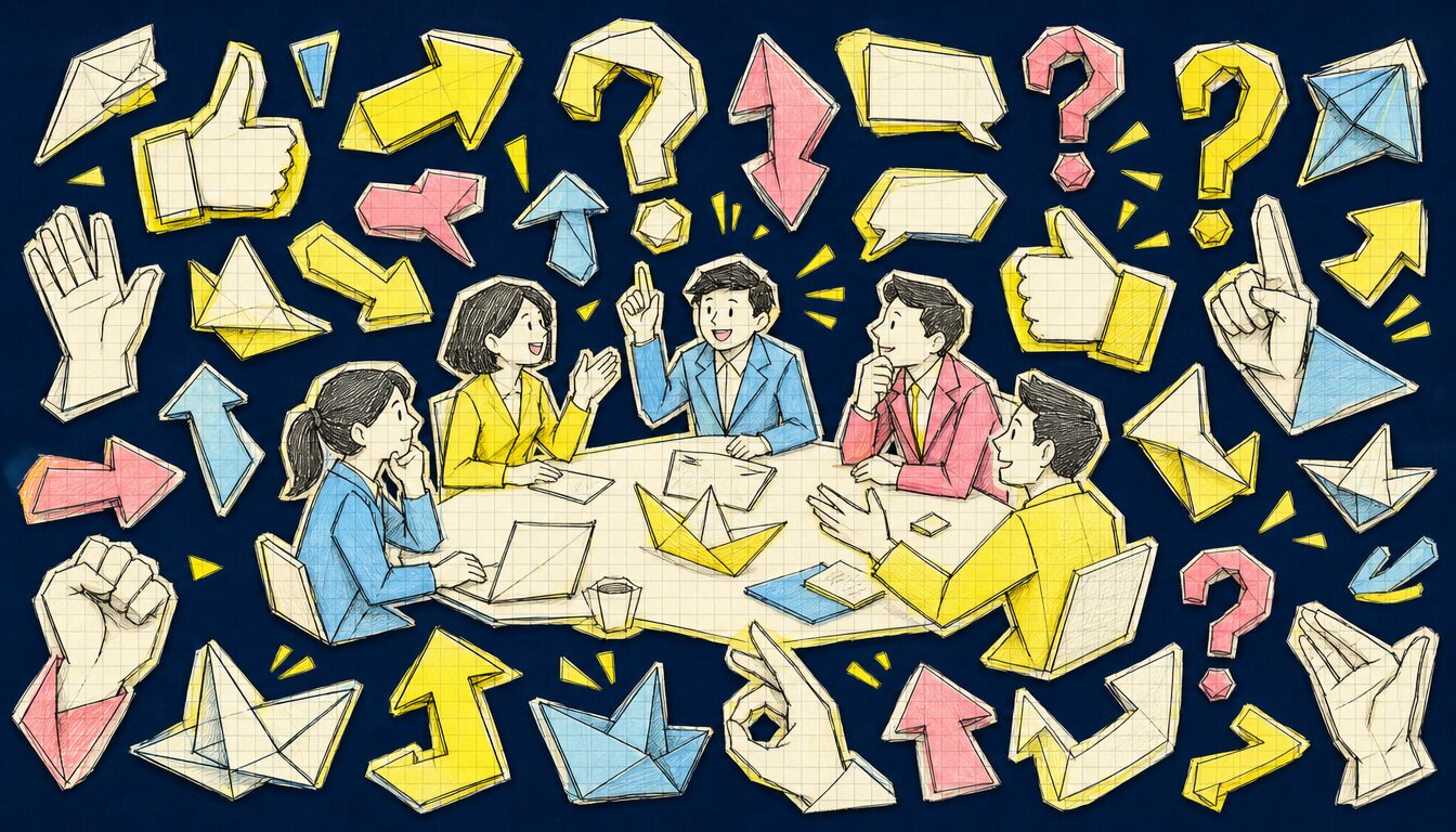 英語会議 フレーズの意見表明と議論を象徴するペーパークラフト画像