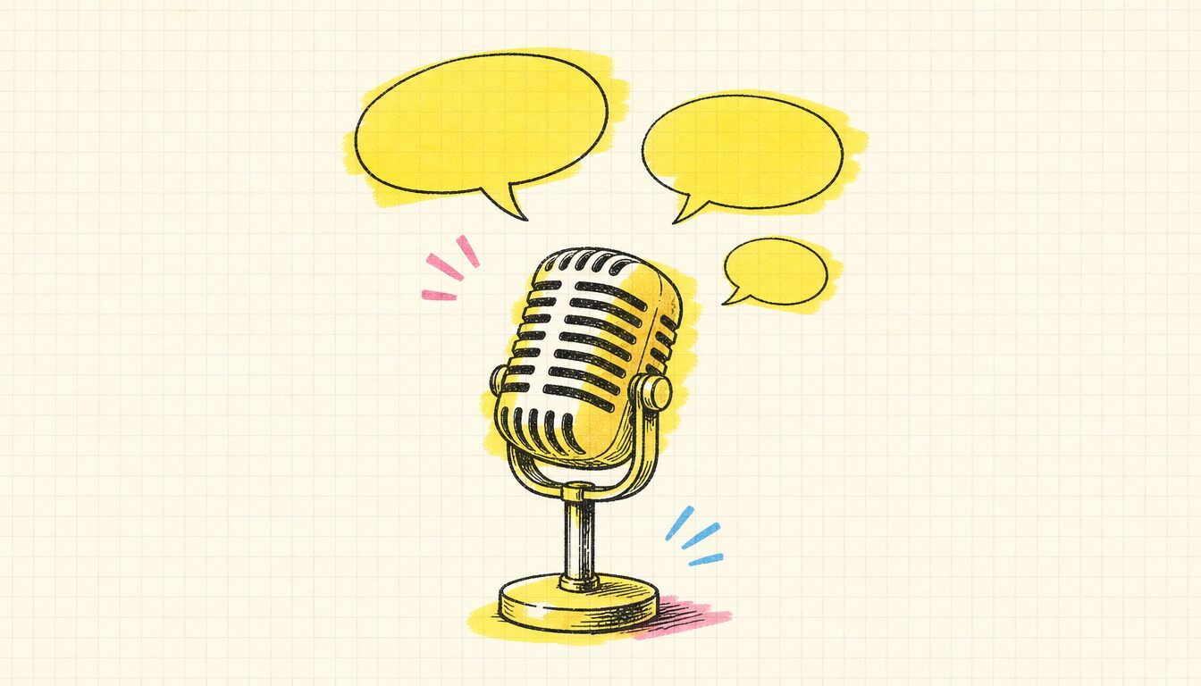 ガラガラポン 英語を会議で発言するイメージのマイクとふきだし