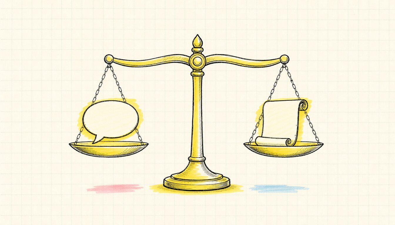 合意 英語表現の使い分けを象徴する天秤のミニマルイラスト