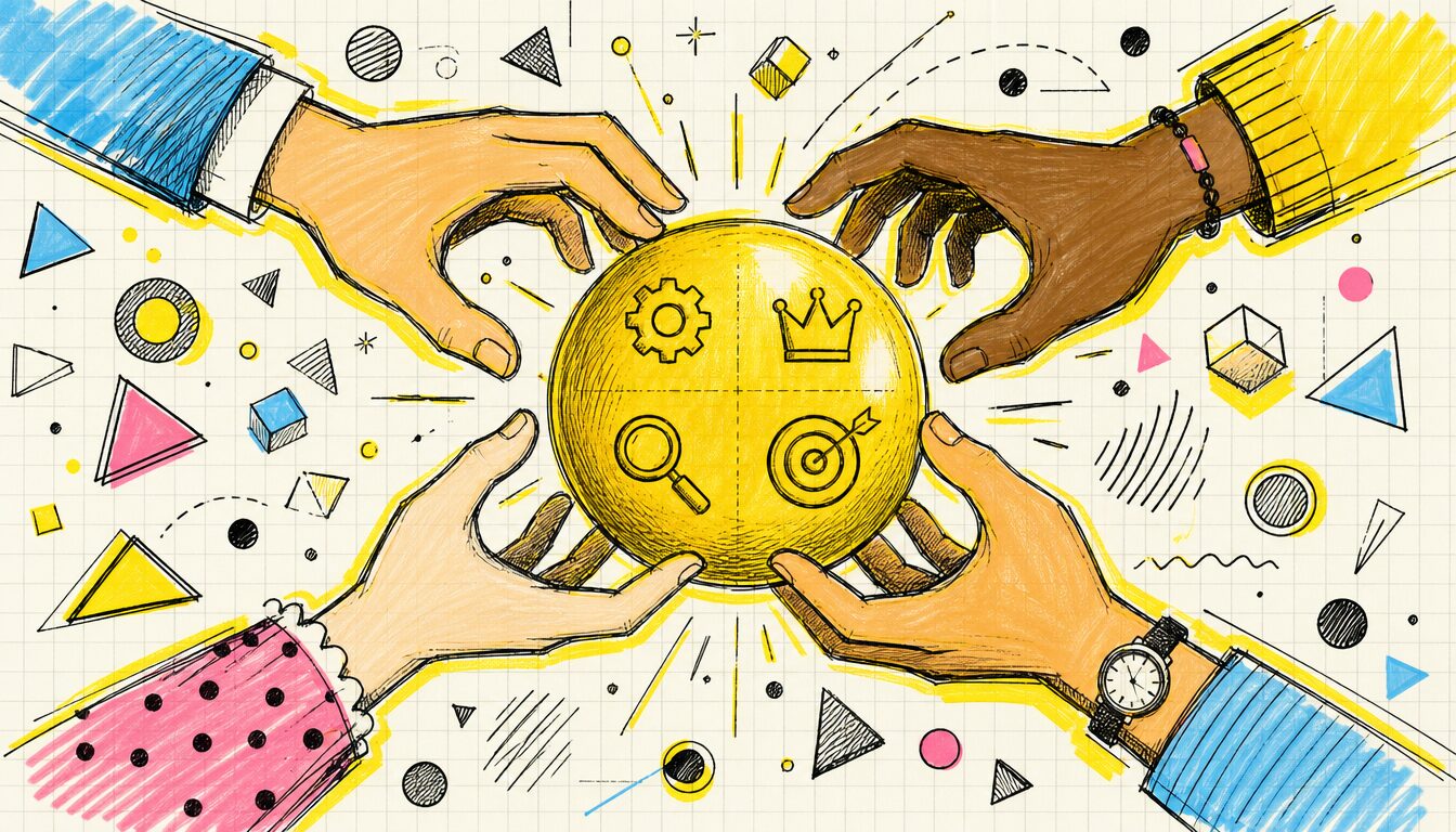 責任者 ビジネス英語の役割分担を象徴する4つの手とオーブのグラフィック