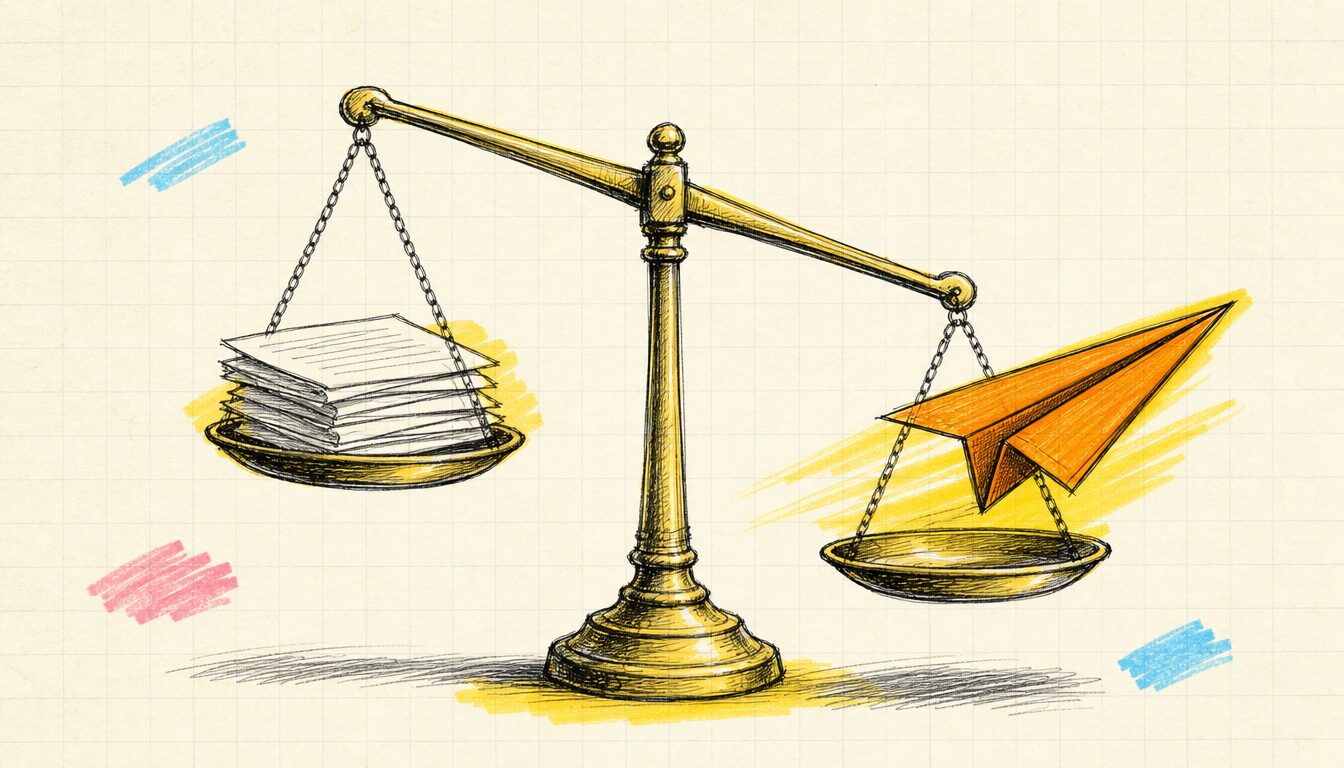 TOEIC 話せない問題への投資判断を象徴する天秤と紙飛行機