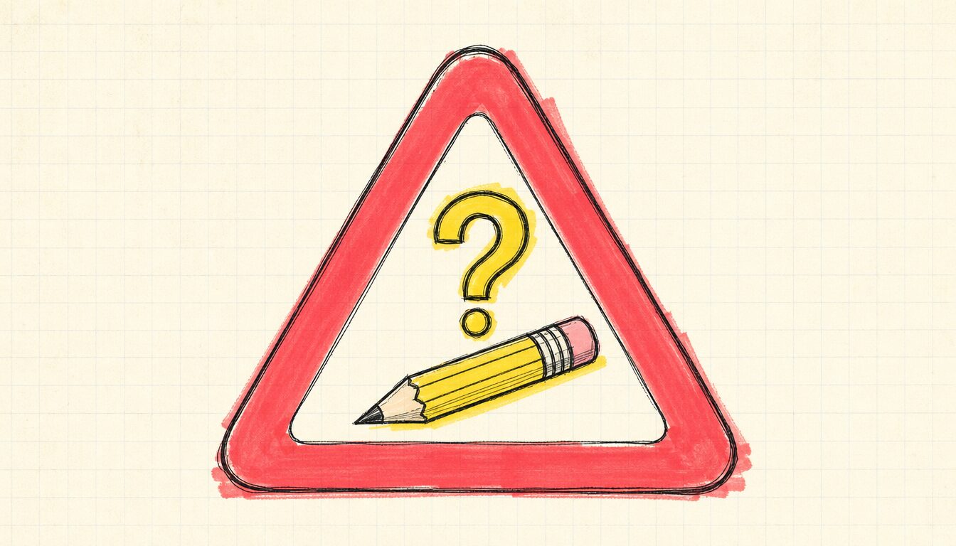 鉛筆なめなめ 英語のよくある誤解を示す警告マークのイラスト